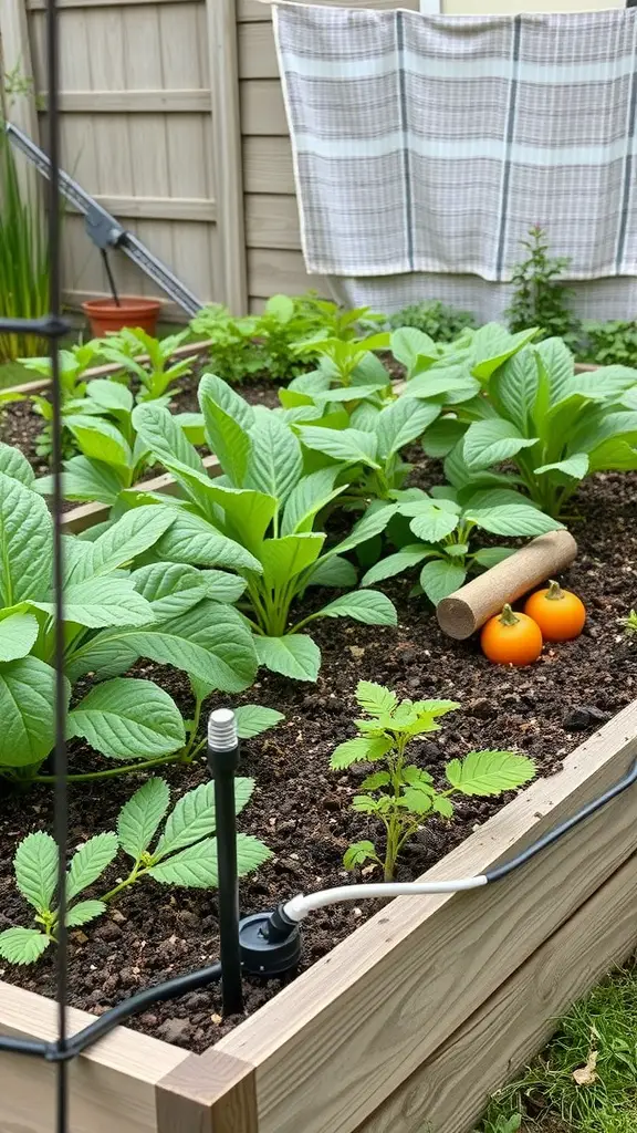 A raised garden bed with green plants and a drip irrigation system, featuring orange tomatoes.