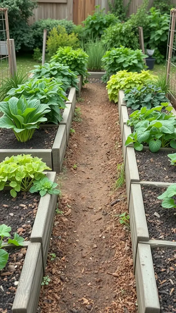 A garden layout featuring raised beds with lush green plants and a mulch pathway in between.