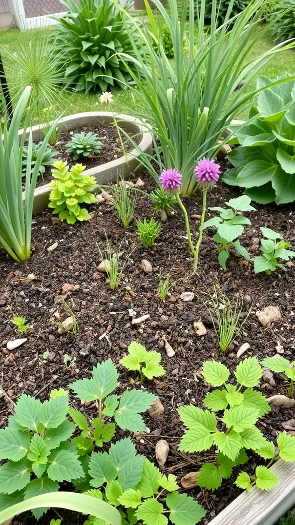 A raised garden bed filled with various native plants, showcasing vibrant colors and textures.