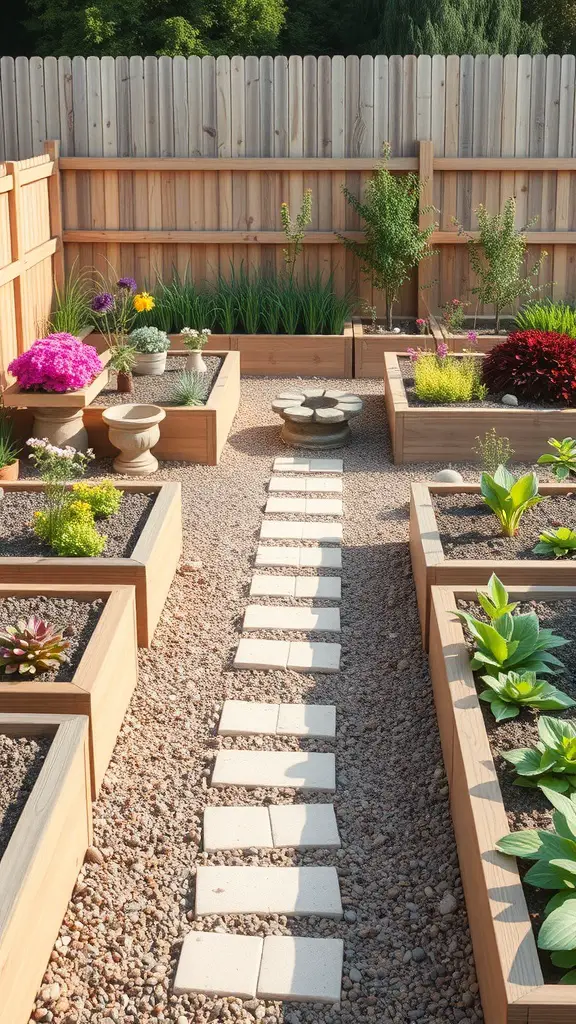 A raised garden bed layout featuring pathways made of stepping stones, surrounded by various plants and flowers.