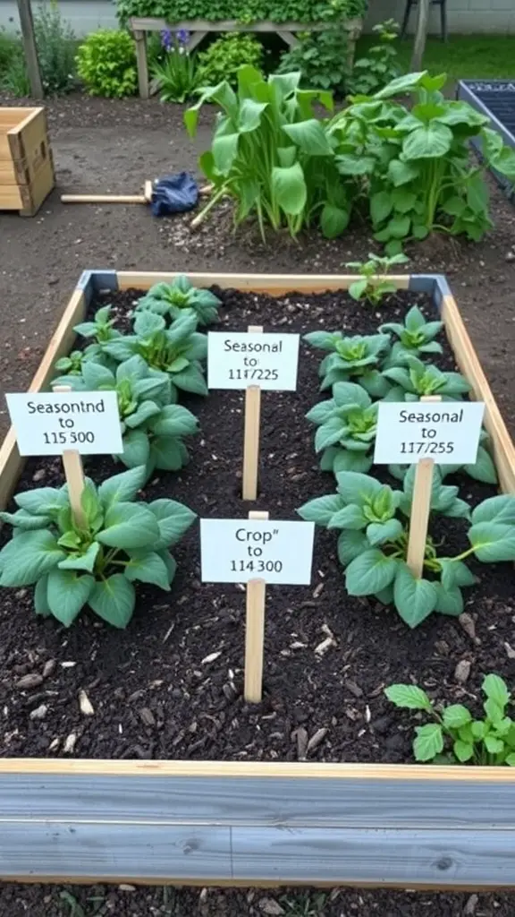 Raised garden bed with labeled sections for seasonal crop rotation