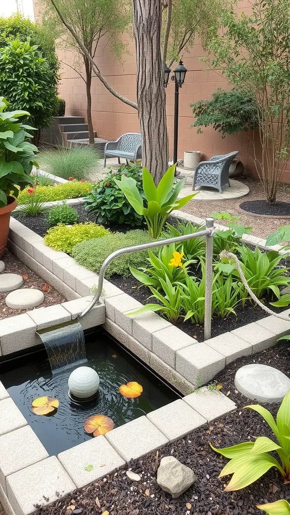Raised garden bed with a water feature, showcasing a small pond and waterfall surrounded by plants.