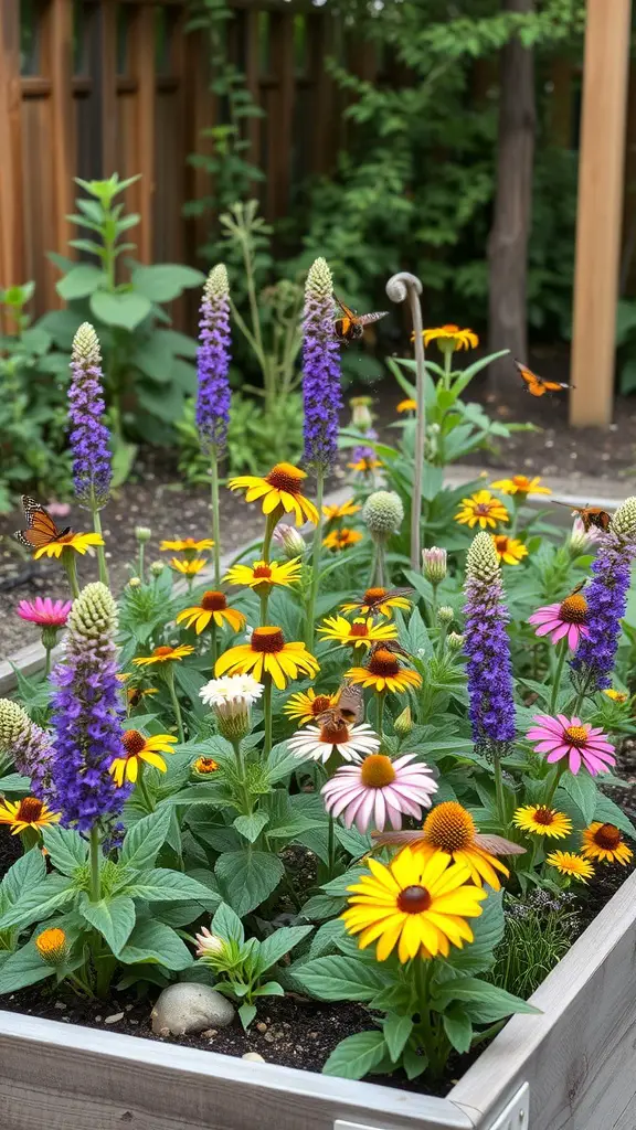A raised garden bed filled with colorful pollinator plants, featuring purple and yellow flowers, attracting butterflies.