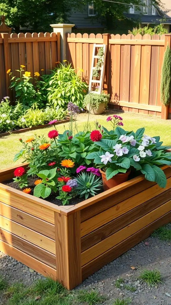 A raised wooden garden bed filled with colorful flowers in a sunny garden