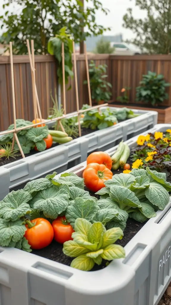 Recycled plastic garden beds filled with tomatoes, lettuce, and flowers