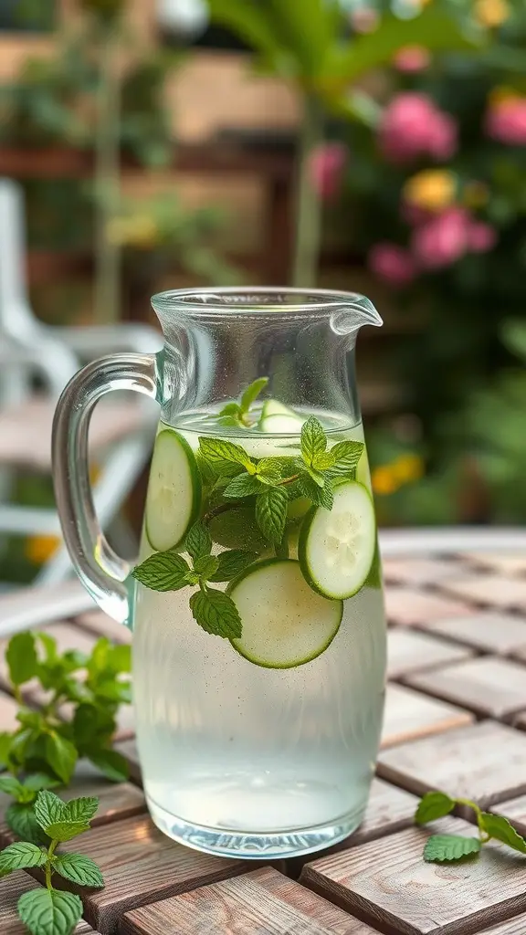A pitcher of herbal infused water with cucumber and mint on a wooden table