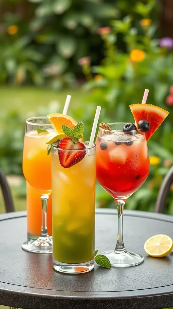 Three colorful mocktails on a table in a summer garden setting.