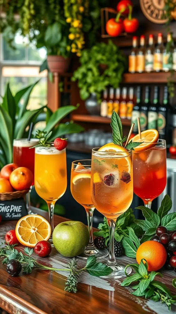 A colorful display of refreshing cocktails with fruits and herbs on a wooden table.