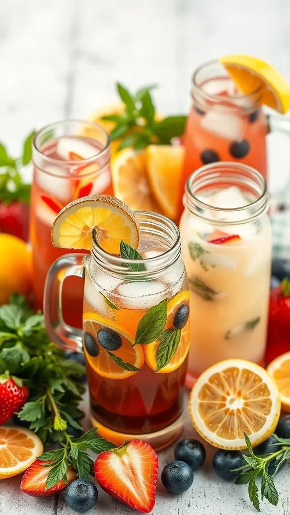 Colorful summer beverages in mason jars with fruits and herbs
