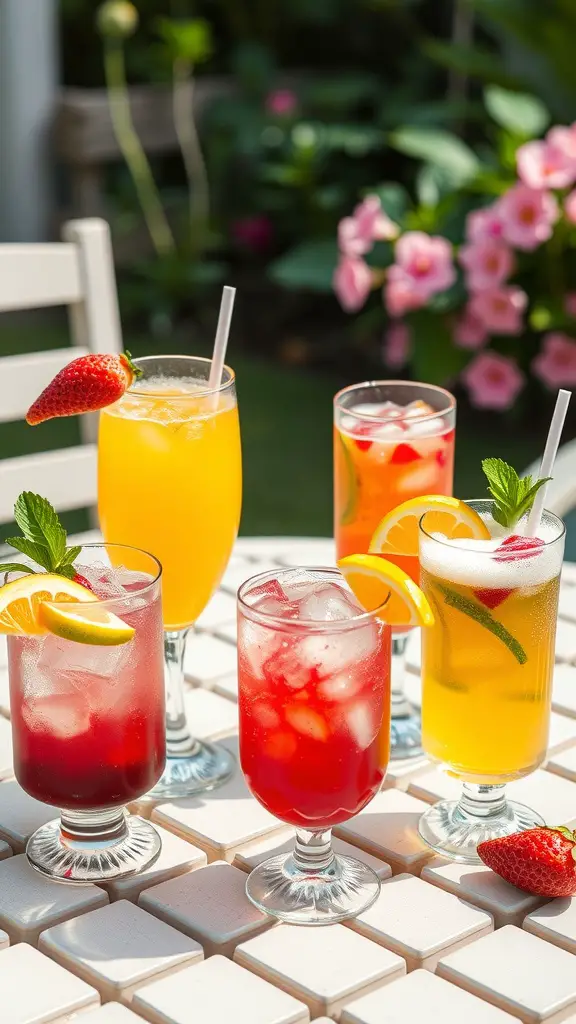 A variety of colorful summer beverages on a table, featuring fruits and garnishes.