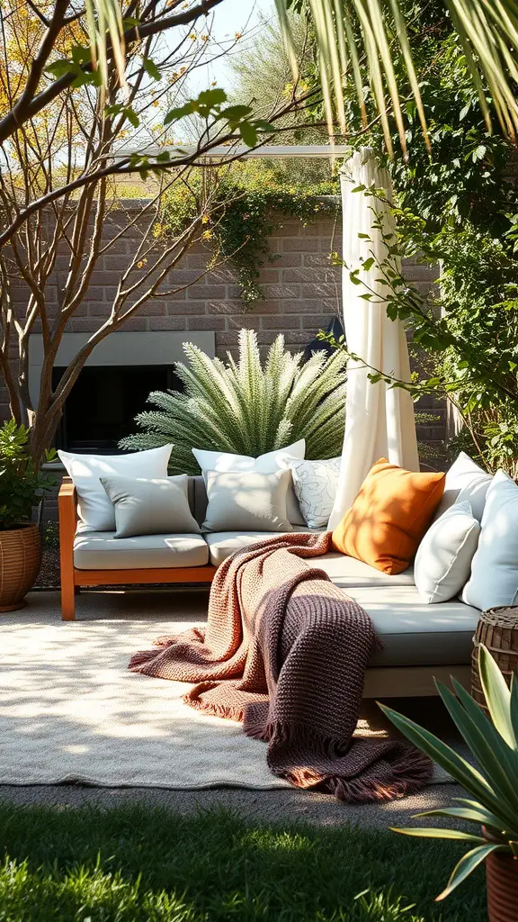 Cozy outdoor lounge area with cushions and a blanket surrounded by greenery.