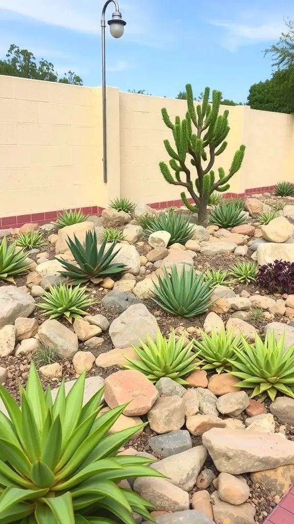 A rock garden raised bed featuring various succulents and a tall cactus surrounded by smooth stones.