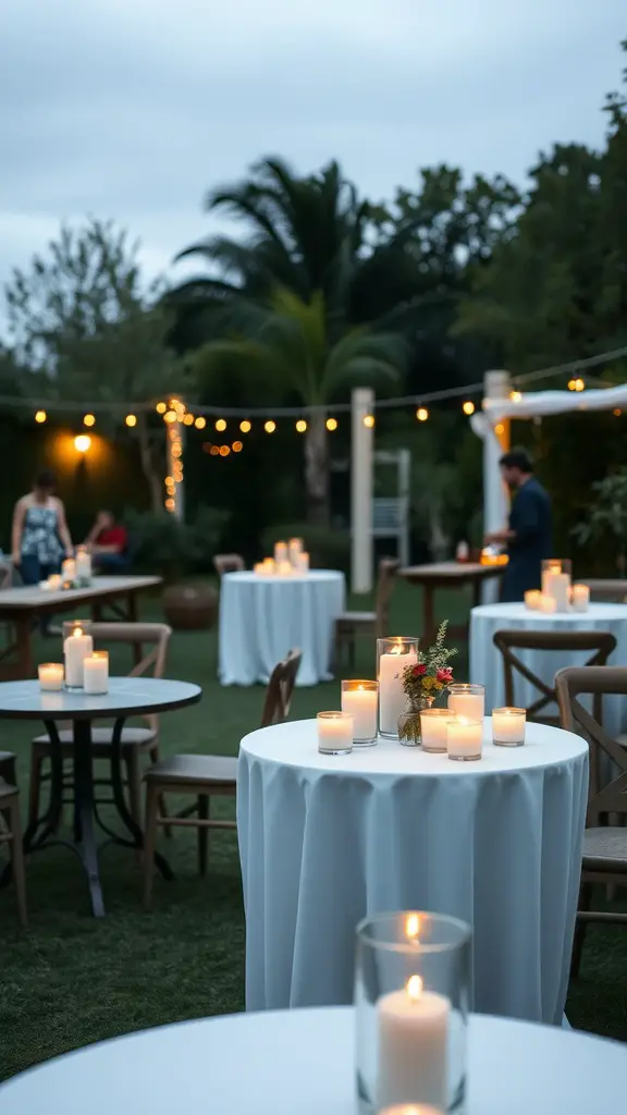 A summer garden party with tables set up, white tablecloths, and glowing candles.