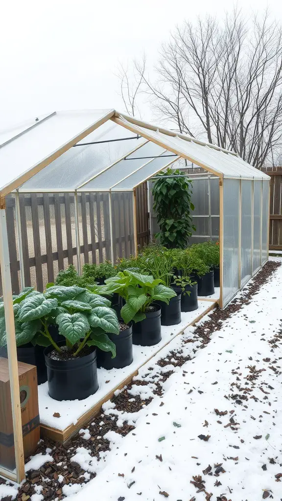 A greenhouse filled with plants during winter, surrounded by snow.