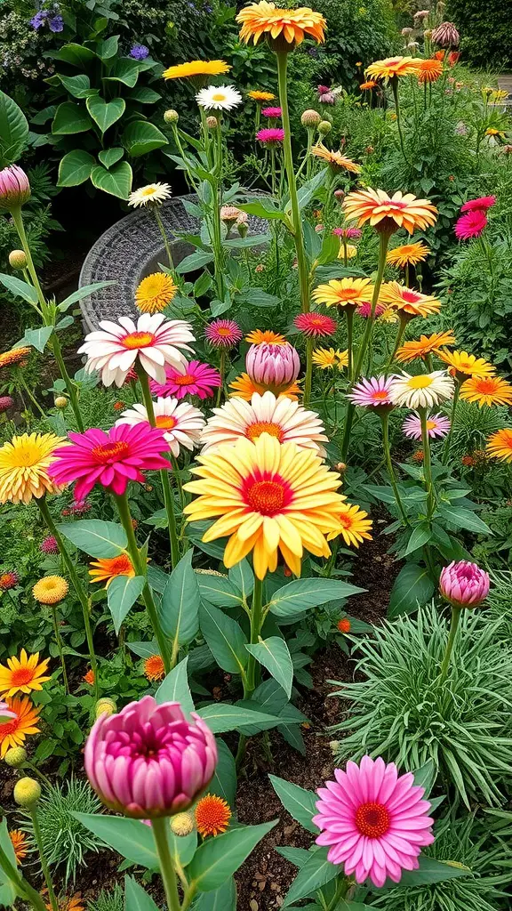 A colorful garden filled with various flowers in shades of yellow, pink, and orange.