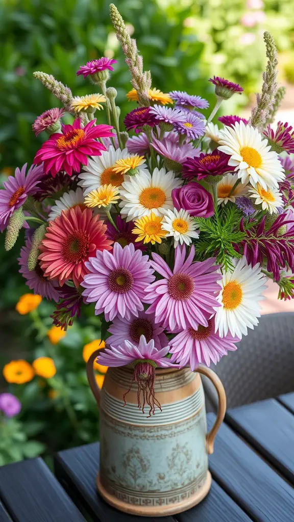 A colorful bouquet of seasonal flowers in a pitcher, set on a table with a garden background.