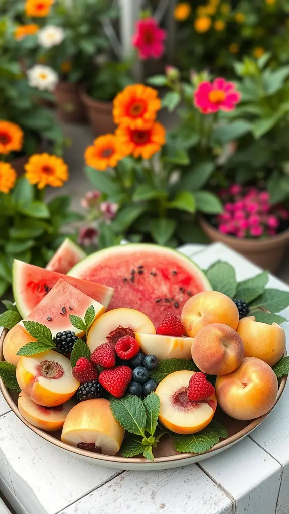 A colorful fruit platter featuring peaches, watermelon, and berries, surrounded by vibrant flowers.