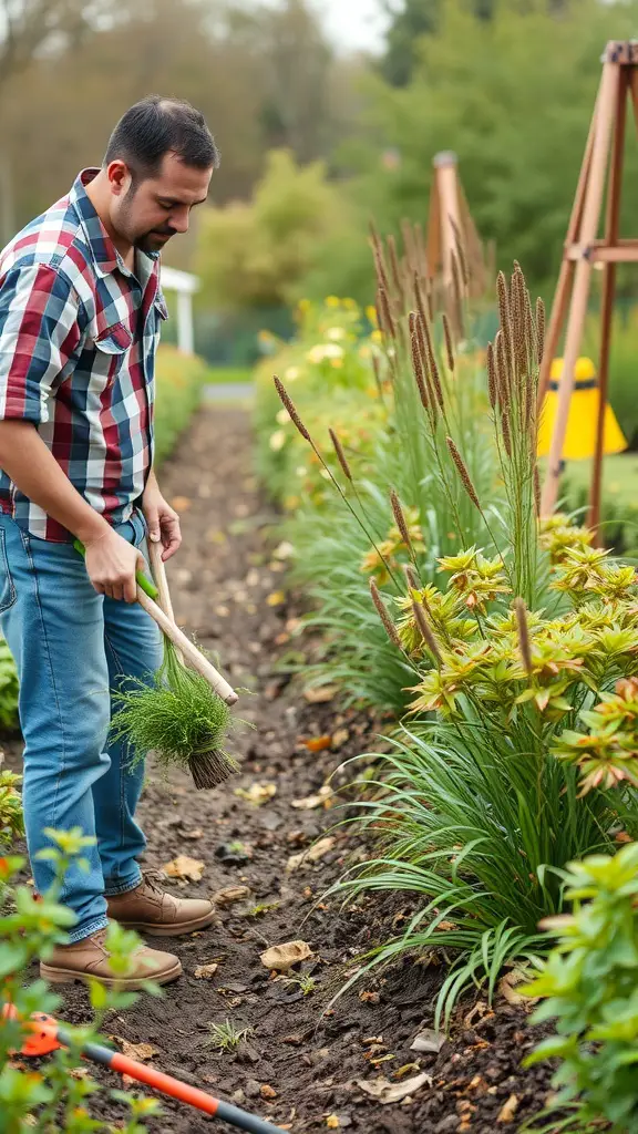 A person tending to a garden, focusing on seasonal maintenance.