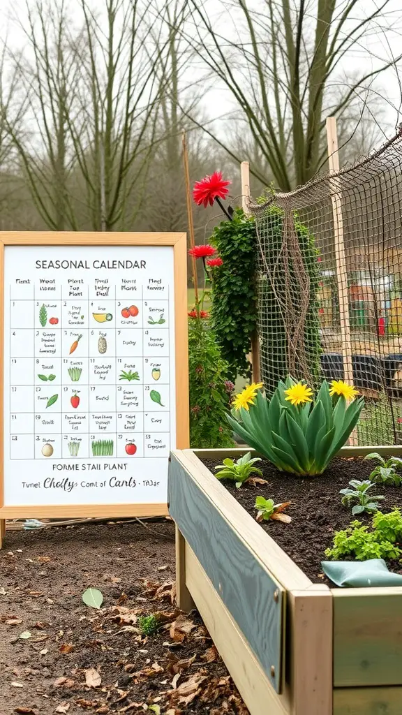 A seasonal planting calendar next to a raised garden bed with flowers and vegetables.