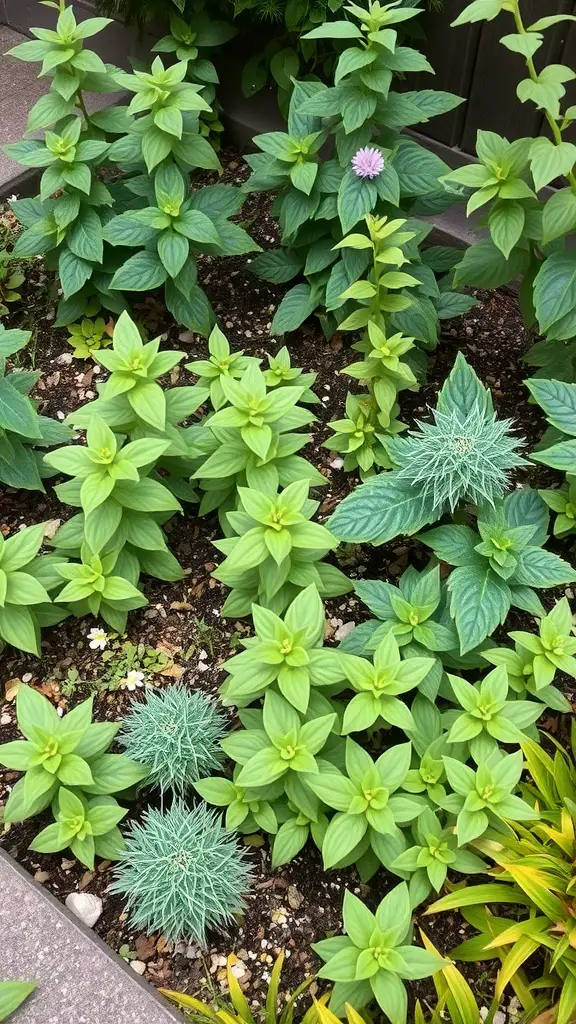 A small garden with various green plants and a single pink flower.
