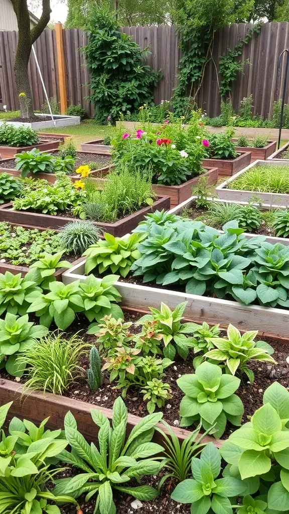 A vibrant raised garden bed filled with various plants including flowers and greens.