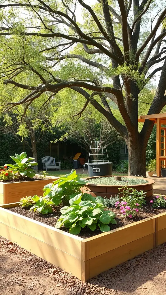 A sunny garden with raised beds filled with shade-tolerant plants under a large tree.