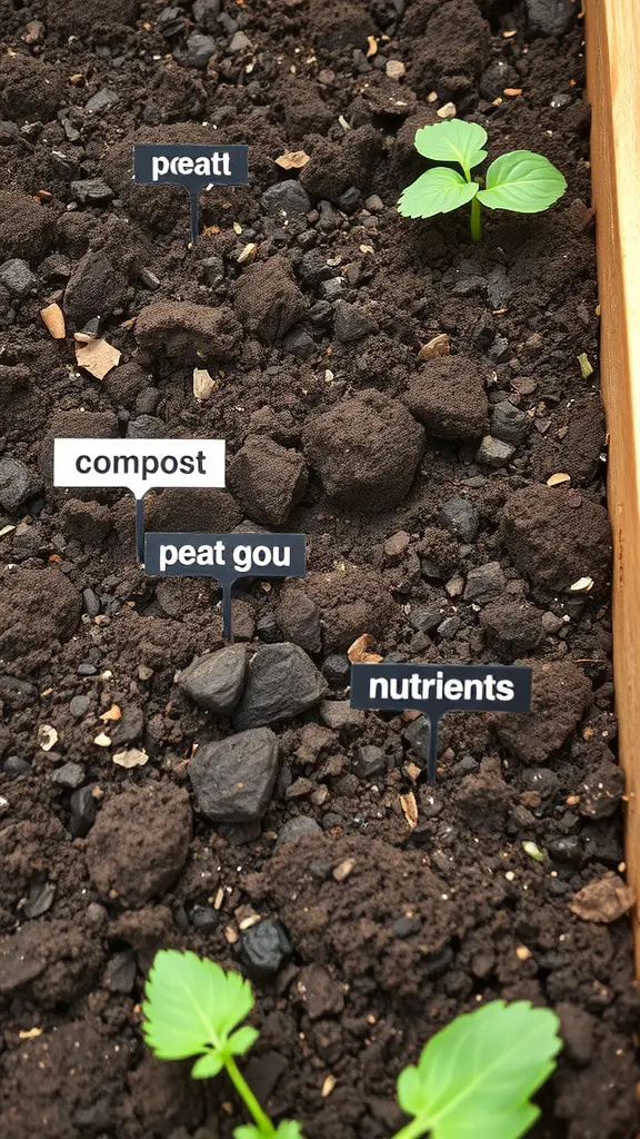 Close-up of soil in a raised garden bed with labels for peat, compost, and nutrients.