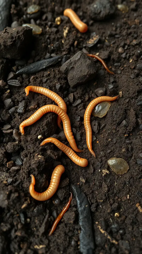 Close-up of soil with orange worms and small rocks