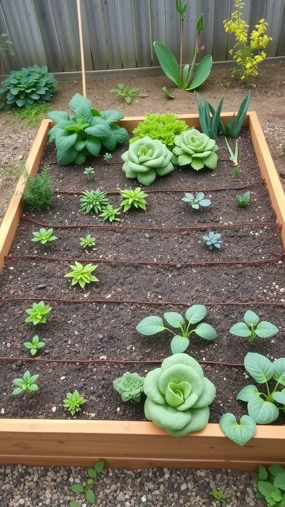 A raised garden bed with various plants organized in a square foot gardening layout.