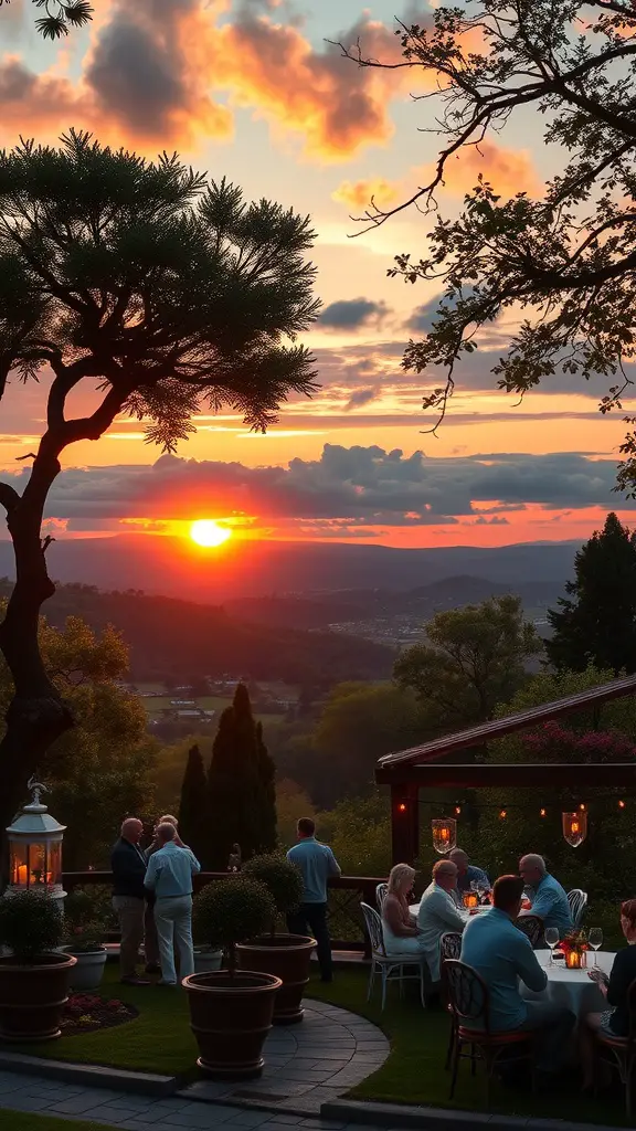 A beautiful sunset view over a garden party with guests enjoying the scenery.