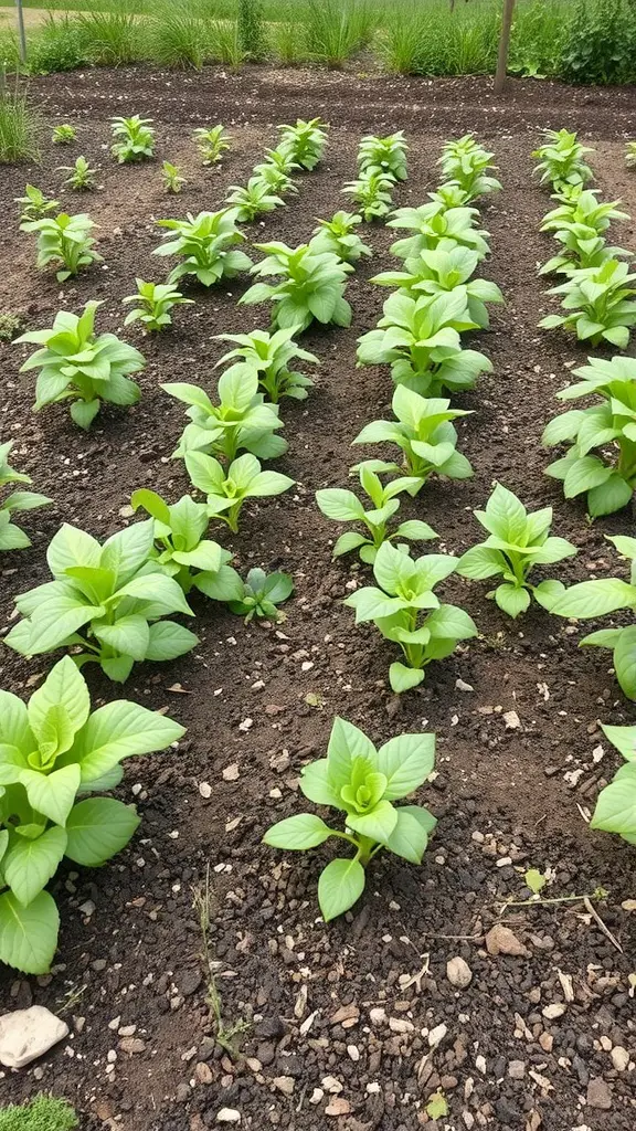 Rows of young plants in a garden, showcasing succession planting.
