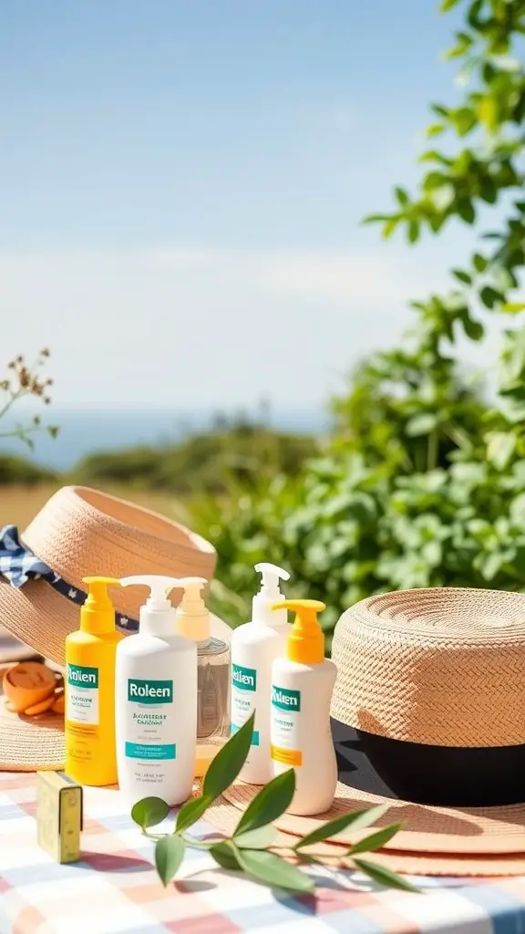 A summer garden party setup with sun protection items like sunscreen and hats on a table.