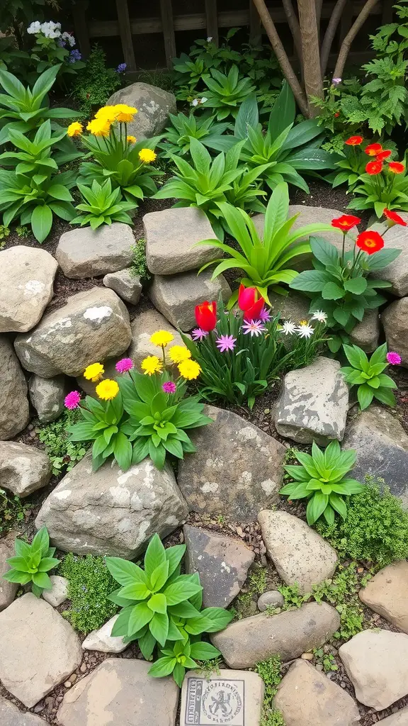 A sunken garden bed featuring colorful flowers and rocks.