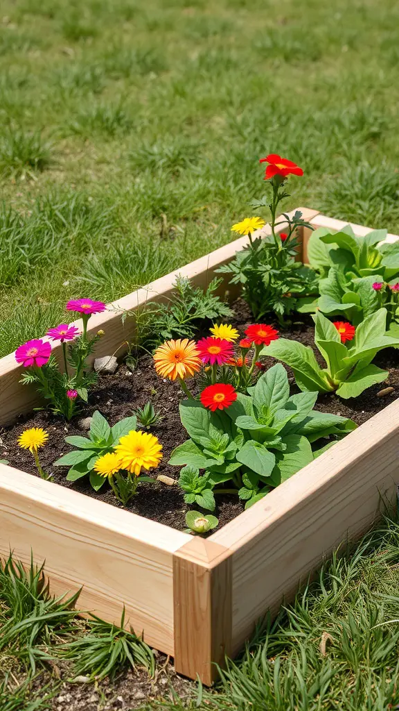A sunken raised garden bed filled with colorful flowers and surrounded by grass.