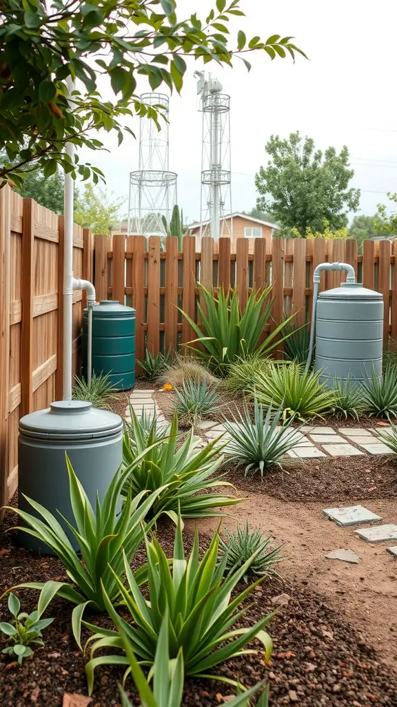 A sustainable garden with rainwater collection tanks and native plants.