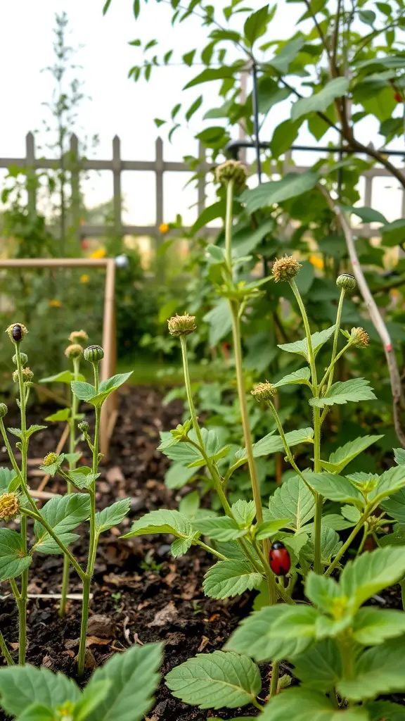 A vibrant veggie garden with various plants and a ladybug on a leaf.