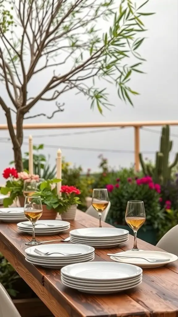 A beautifully arranged outdoor table for a summer garden party, featuring plates, glasses, and vibrant flowers.