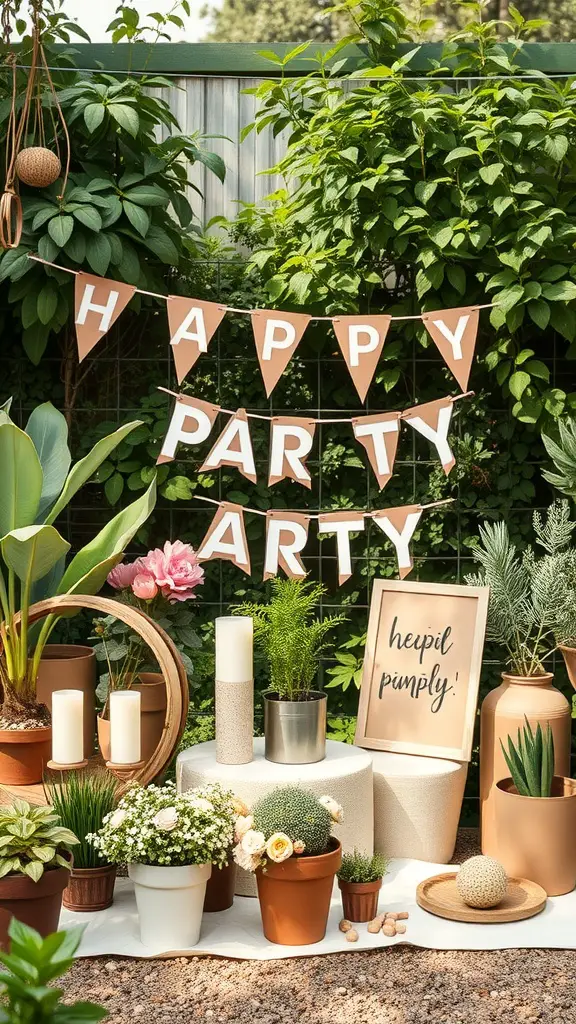A cheerful garden party setup with plants and decorations.