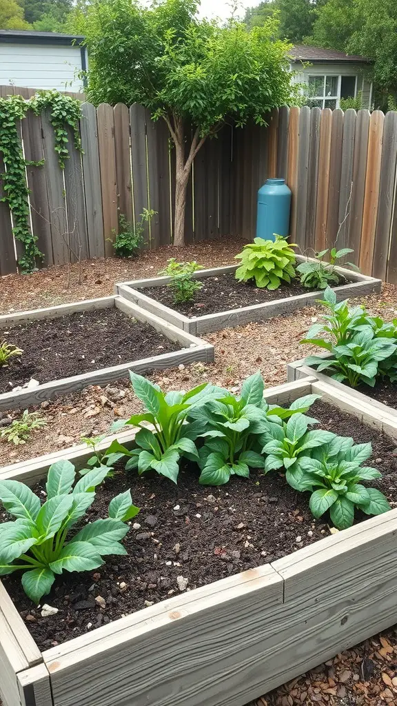 A garden with raised beds filled with green plants, a rain barrel, and a wooden fence.