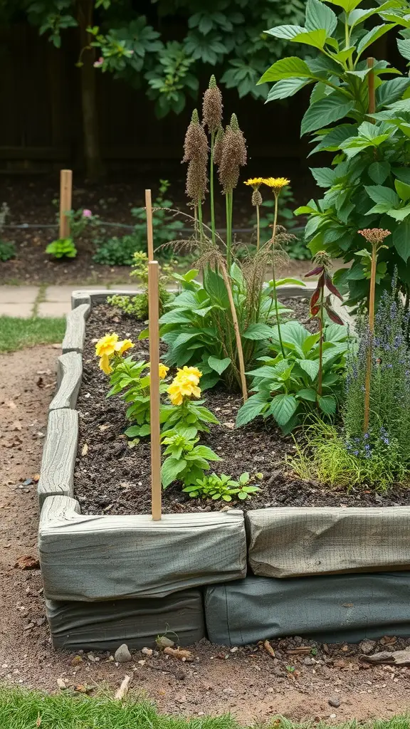 A raised garden bed filled with flowers and plants, featuring wooden edges and stakes for support.