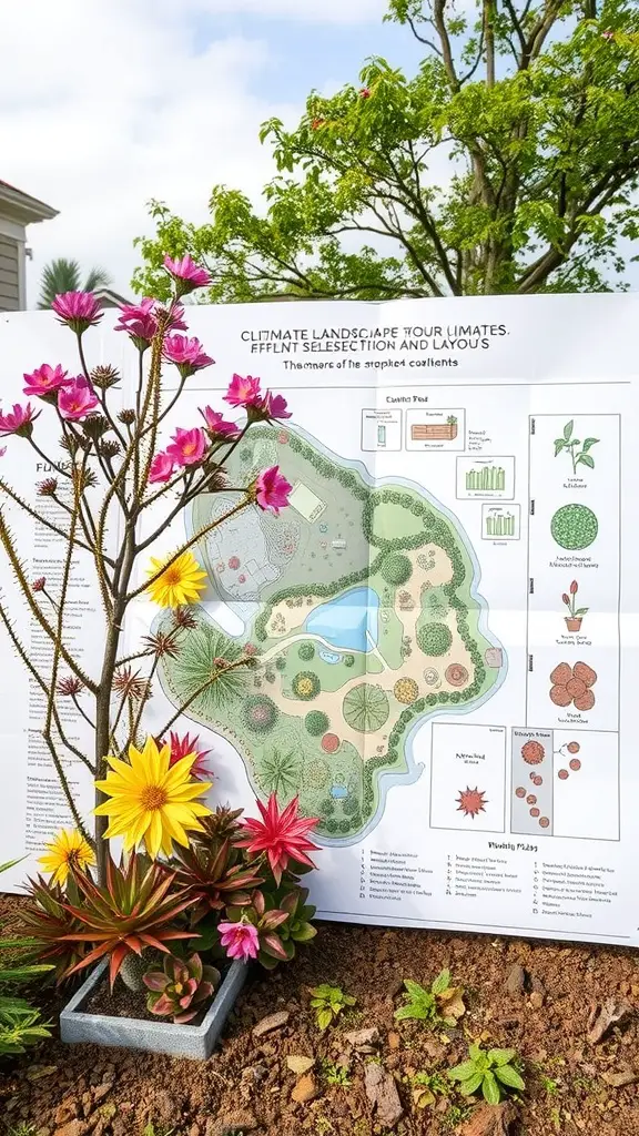 A colorful landscape design plan with various plants and a pond, highlighting climate considerations.