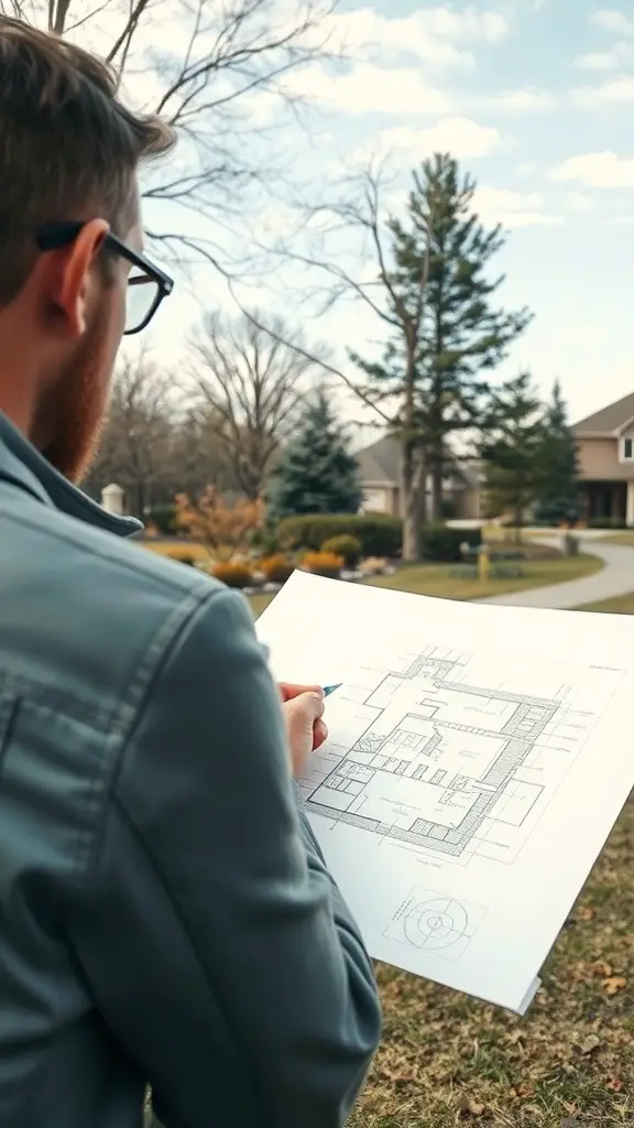 A person analyzing a landscape design plan outdoors