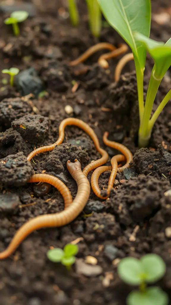Close-up of soil with earthworms and young plants growing.