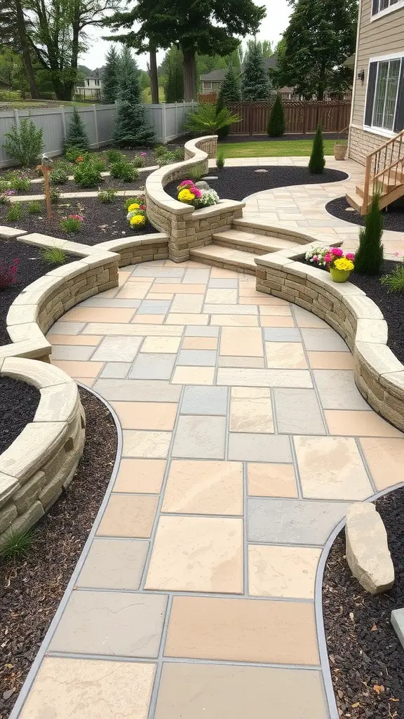 A landscaped garden featuring stone pathways and raised seating walls.