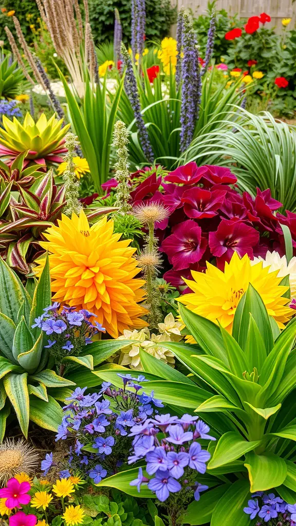 A colorful garden featuring a variety of flowers and plants with different textures.