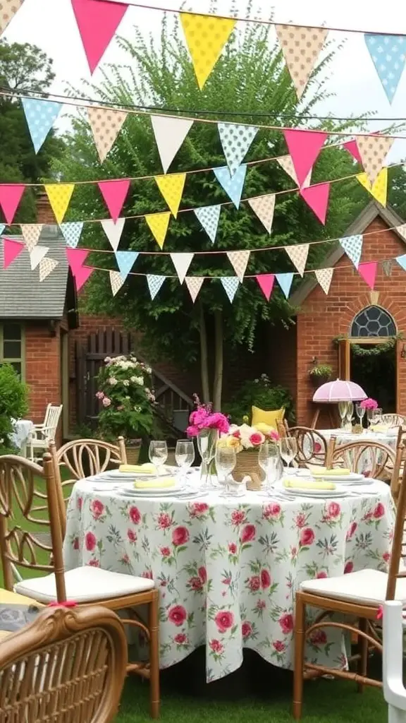 A summer garden party setup with colorful bunting, floral tablecloth, and fresh flowers.