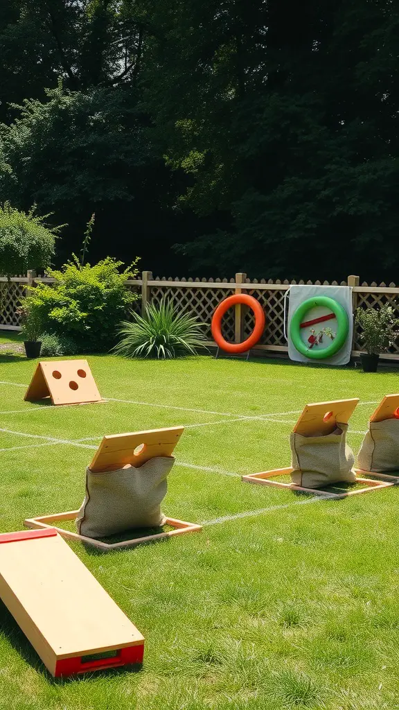 A garden party setup featuring bean bag toss boards and colorful targets on a sunny day.