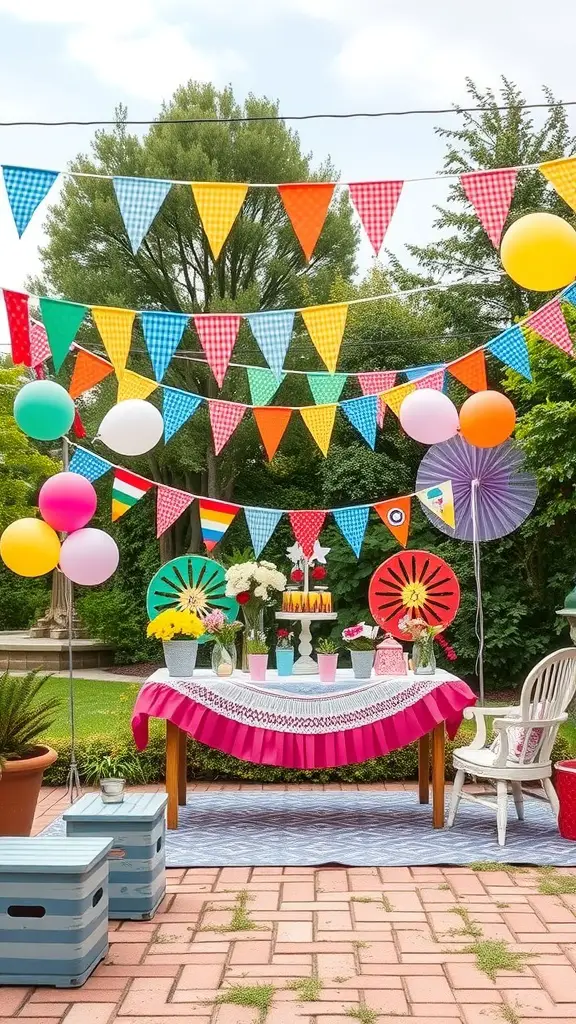 Colorful garden party decorations with bunting, balloons, and flowers