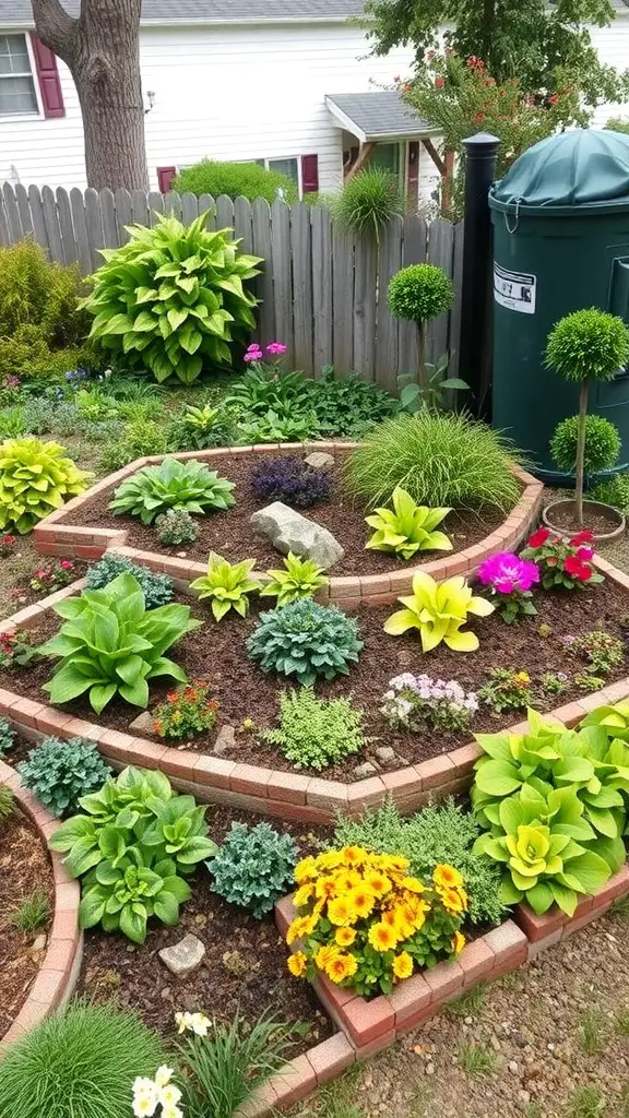 A tiered garden bed featuring various plants and flowers arranged in multiple levels with brick borders.
