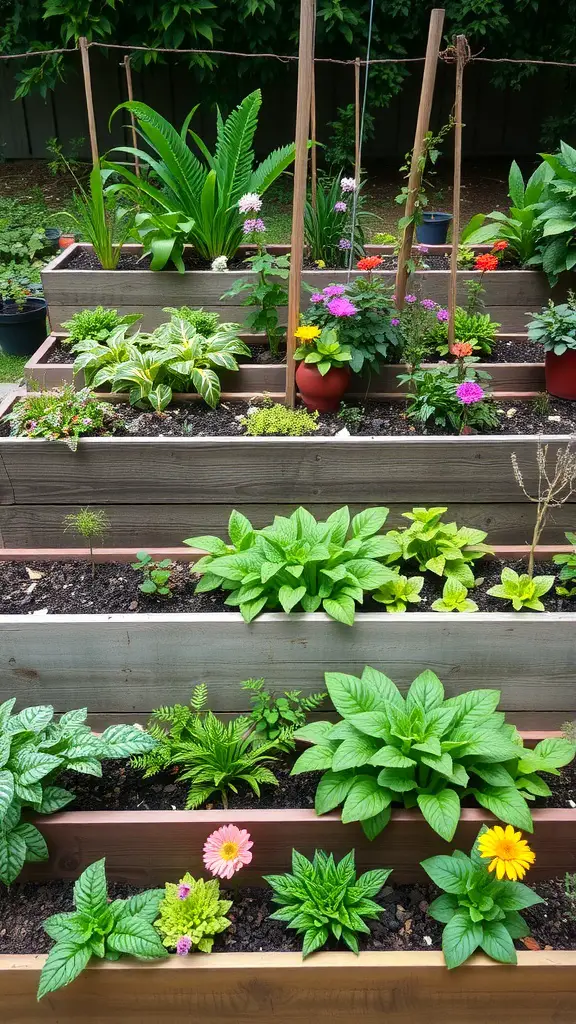 A tiered raised garden bed filled with various plants and flowers, showcasing different heights and colors.